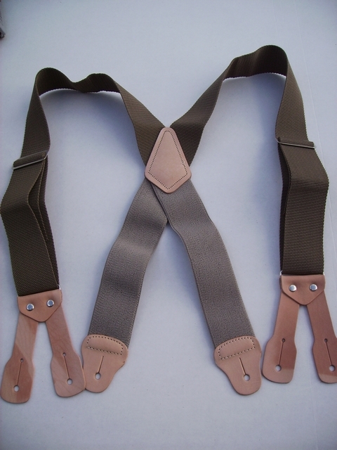 BUTTON ON CONSTRUCTION BASICS KHAKI (BEIGE/TAN)  Suspenders 2 inches wide and 48 long. Non-Elastic except for the Two Strong Elastic Straps between the X and the Strong Leather Attachments. YA150N48KHAK