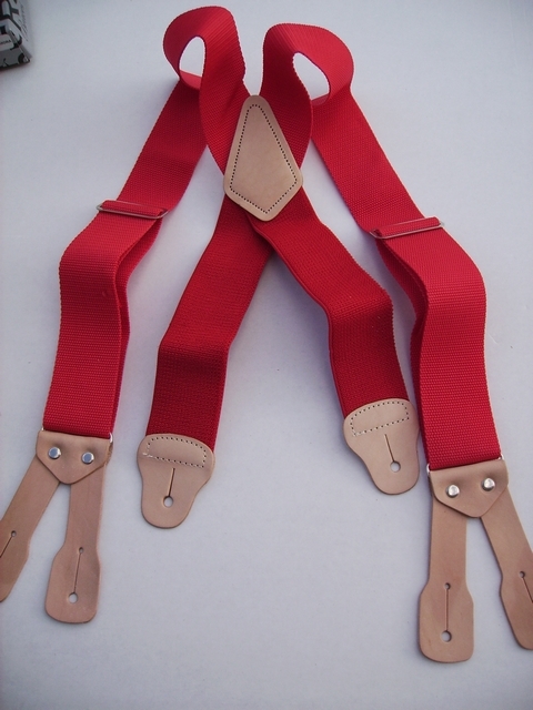 BUTTON ON CONSTRUCTION BASICS RED Suspenders 2 inches wide and 48 long. Non-Elastic except for the Two Strong Elastic Straps between the X and the Strong Leather Attachments.  YA150N48RED