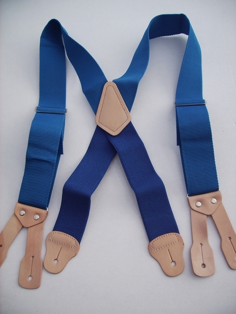 BUTTON ON CONSTRUCTION BASICS ROYAL BLUE Suspenders 2 inches wide and 48 inches long. Non-Elastic except for the Two Strong Elastic Straps between the X and the Strong Leather Attachments.   YA150N48ROYA