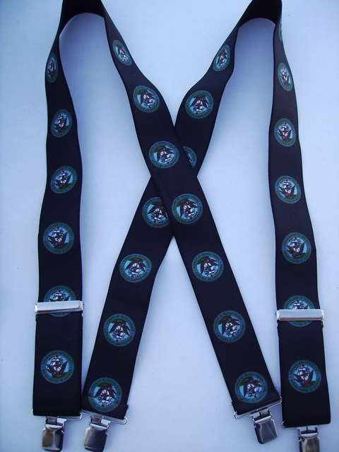 NAVY 2"X48" Multi color on Black Suspenders with 4 strong 1"X1" Grips and 2 Length Adjusters in the front, all in STAINLESS STEEL. Hand Wash and Hang to Dry. UA220N48NABK