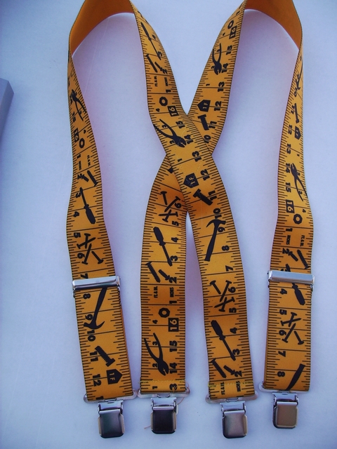 YELLOW TAPE MEASURE  2"X48"   Suspenders with 4 strong 1"x 1" Grips and 2 Length Adjusters in the front, all in NICKEL FINISH.   Entirely Stretchable Cotton/Polyester Material.         Entirely Stretchable Cotton/Polyester Material.         UA250N48TMYE