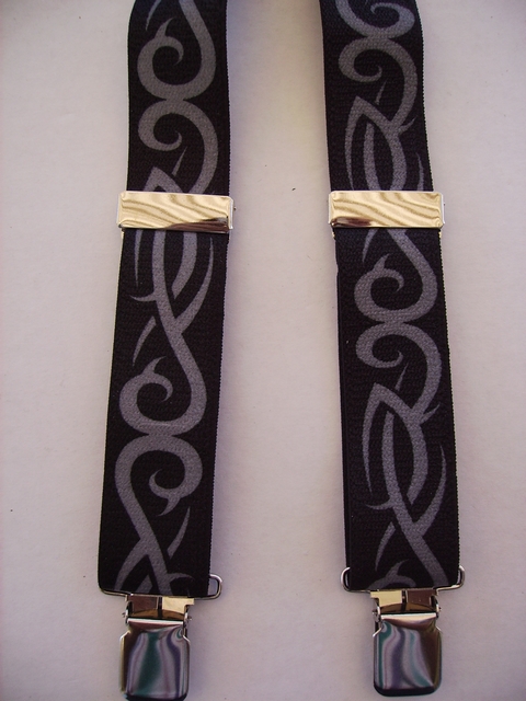 TRIBAL SILVER&BLACK 1 1/2"X48" Suspenders with 4 strong 1"x 1" Grips and 2 Length Adjusters in the front, all in NICKEL FINISH. Entirely Stretchable Cotton/Polyester Material. Entirely Stretchable Cotton/Polyester hand washable, hang to dry suspenders. UB220N48TRIB
