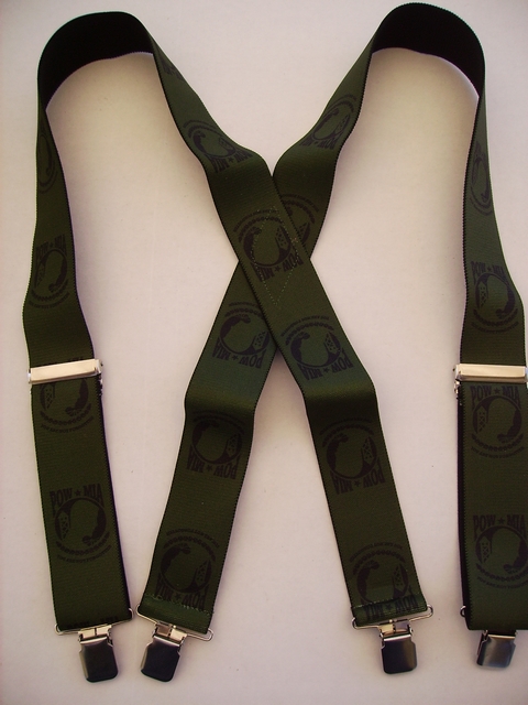 PRISONER OF WAR 2"X48" Black on Olive color Suspenders with 4 strong 1"X1" Grips and 2 Length Adjusters in the front, all in STAINLESS STEEL. Hand Wash and Hang to Dry. UA220N48PWOD