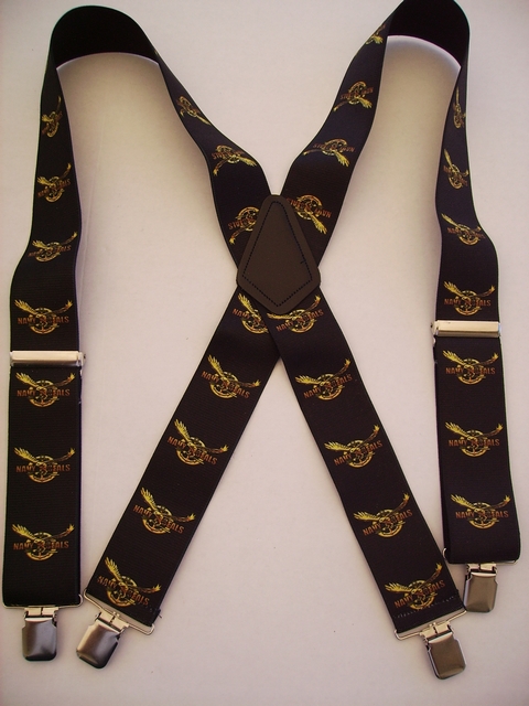 NAVY SEALS 2"X48" Gold color on Black Suspenders with 4 strong 1"X1" Grips and 2 Length Adjusters in the front, all in STAINLESS STEEL. Hand Wash and Hang to Dry. UA220N48NSBK