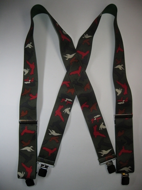 DUCK SILLHOUTE OLIVE 1 1/2"X48" Suspenders with 4 strong 1"x 1" Stainless Steel Grips and 2 Secure Stainless Steel Length Adjusters in the front. Entirely Stretchable Hand Washable and Hang to Dry Cotton/Polyester Material. UB220N48DUOD
