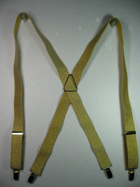 GOLD GLITTER "X" STYLE  1 1/4"X48" FRENCH SATIN FINISH Suspenders with 4 strong 1/2"x 1" Grips with nylon Teeth and 2 adjusters in the front and 1 on the back all in high polish GOLD FINISH.    GF760N48GOLD