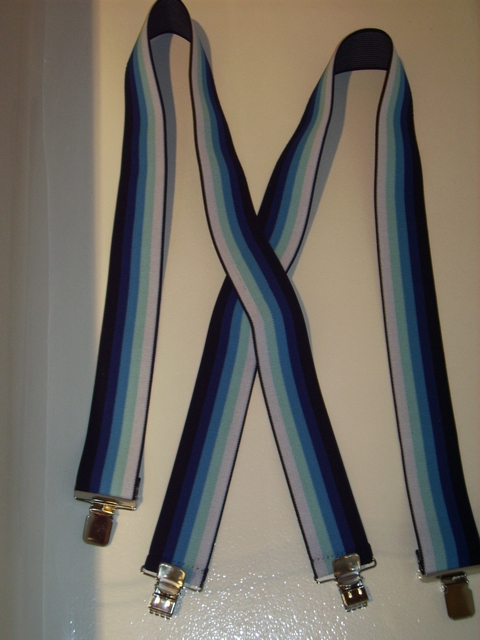 MULTI-COLOR STRIPES 1 1/2"X48" BLACK, NAVY BLUE, POWDER BLUE, LIGHT BLUE, AND IVORY COLOR. 1 1/2"X 48" Suspenders with 4 strong 1"X1" Grips and 2 Length Adjusters in the front, all in Stainless Steel. . UB220N48NAOM
