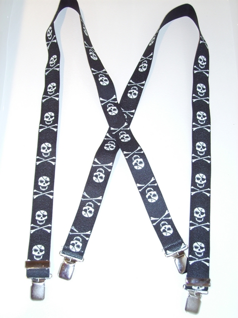 SKULLS WITH CROSSBONES  1 1/2"X 48" long. Black with White. Suspenders with 4 strong 1"x 1" Grips and 2 Length Adjusters in the front, all in NICKEL FINISH.UB220N48SKXB