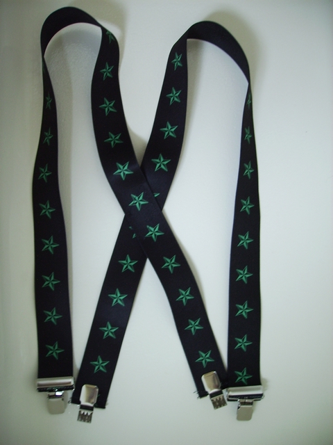GREEN STARS ON BLACK 1 1/2"x48"   Suspenders with 4 strong 1"X1" Grips and 2 Length Adjusters in the front, all in NICKEL FINISH. UB220N48NSKG
