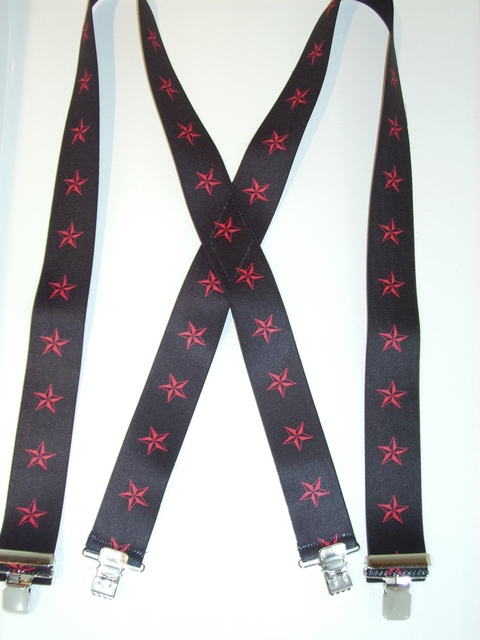 RED STARS ON BLACK BACKGROUND 1 1/2"x 48"  Suspenders with 4 strong 1"X1" Grips and 2 Length Adjusters in the front, all in NICKEL FINISH.   Entirely Stretchable Cotton/Polyester Material.         UB220N48NSKR