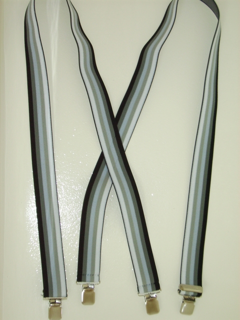 MULTI-COLOR STRIPES 1 1/2" in ASSORTED SIZES to fit 5'1" to 7 BLACK, DARK GREY, LIGHT POWDERED BLUE, DARK GREY, AND BLACK Suspenders with 4 strong 1"x 1" Grips and 2 Length Adjusters in the front, all in Stainless Steel. Entirely Stretchable Cotton/Polyester hand washable, hang to dry suspenders. UB220N48GROM