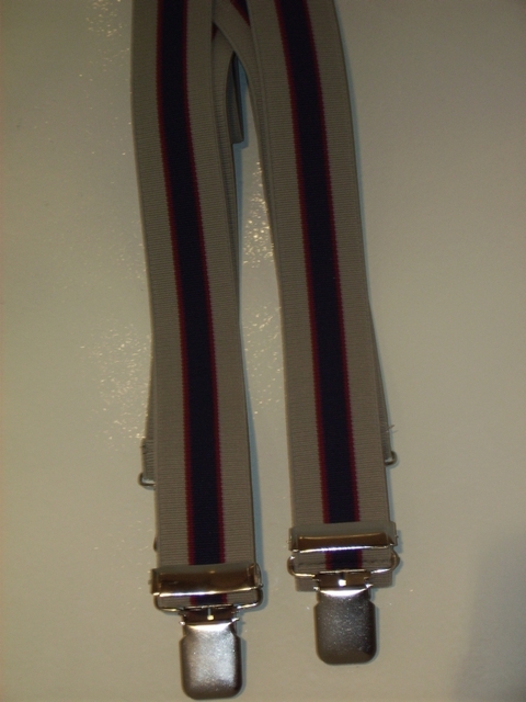 MULTI-COLOR STRIPES 1 1/2X48" KHAKI, BURGANDY, NAVY, BURGANDY AND KHAKI Suspenders with 4 strong 1"X1" Grips and 2 Length Adjusters in the front, all in Stainless Steel. . Entirely Stretchable Cotton/Polyester Suspenders UB220N48KNK