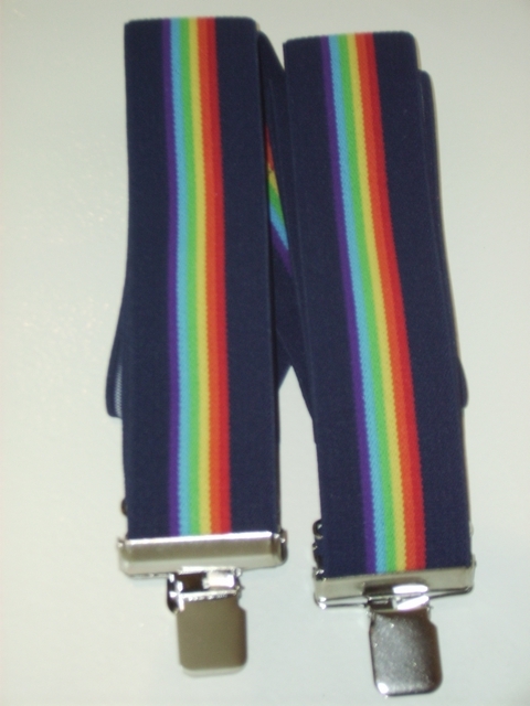 MULTI-COLOR STRIPES 1 1/2"X48" BLACK, ORANGE, YELLOW, GREEN, LT.BLUE, PURPLE, BLACK Suspenders with 4 strong 1"X1" Grips and 2 Length Adjusters in the front, all in Stainless Steel. . Entirely Stretchable Cotton/Polyester Suspenders UB220N48BLRA