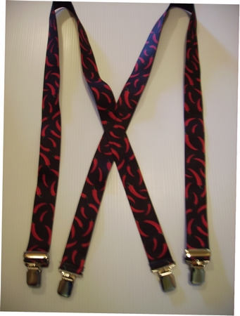 CHILE PEPPERS  1 1/2" X 48"   Black with Red Peppers.  Suspenders with 4 strong 1"X1" Grips and 2 Length Adjusters in the front, all in NICKEL FINISH.  UB220N48CHIL