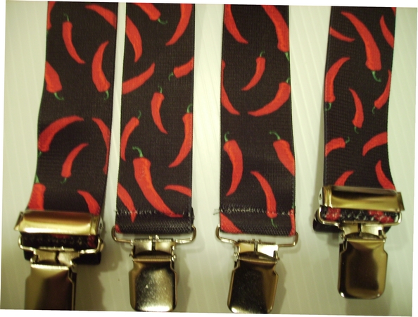 CHILE PEPPERS 1 1/2" X 54" Black with Red Peppers. Suspenders with 4 strong 1"X1" Grips and 2 Length Adjusters in the front, all in NICKEL FINISH. UB220N54CHIL