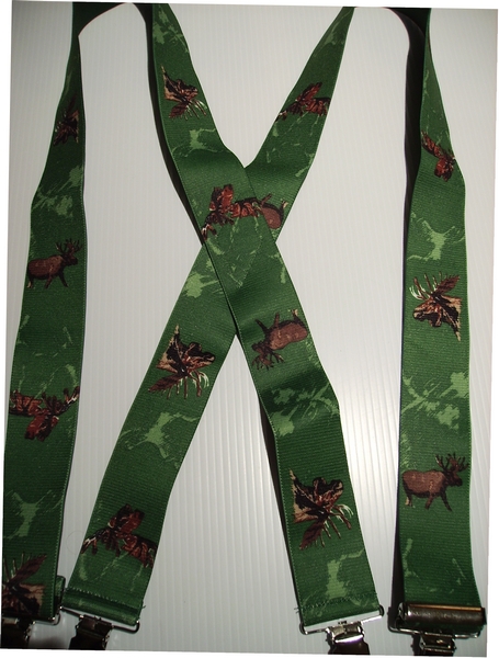 MOOSE on Hunter Green. 2"X48" Suspenders with 4 strong 1"x 1" Stainless Steel Grips and 2 Secure Stainless Steel Length Adjusters in the front. Entirely Stretchable Hand Washable and Hang to Dry Cotton/Polyester Material. UA220N48MSGN