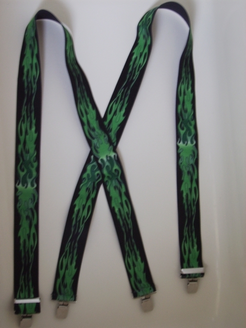 GREEN FLAMES ON BLACK 2"X54" Suspenders with 4 strong 1"X1" Grips and 2 Length Adjusters in the front, all in NICKEL FINISH. UA220N54FLGN