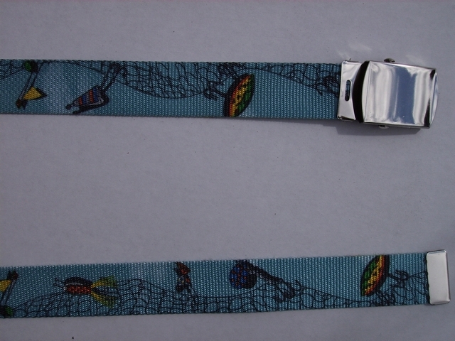 FISHING NET BLUE COLOR - High Quality U.S. Made Cotton/Polyester Non-Stretching Material with Solid Belt Buckle. These will fit all size waists from 8" up to 48" by un-clamping Buckle and cutting off extra material on non-metal end. Then just re-clamp Material. BELT-UB220N48FISHBL