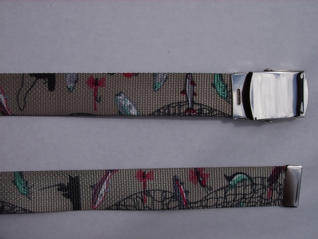 FISHING NETS BELT - High Quality U.S. Made Cotton/Polyester Non-Stretching Material with Solid Belt Buckle. These will fit all size waists from 8" up to 48" by un-clamping Buckle and cutting off extra material on non-metal end. Then just re-clamp Material. BELT-UB220N48FISH