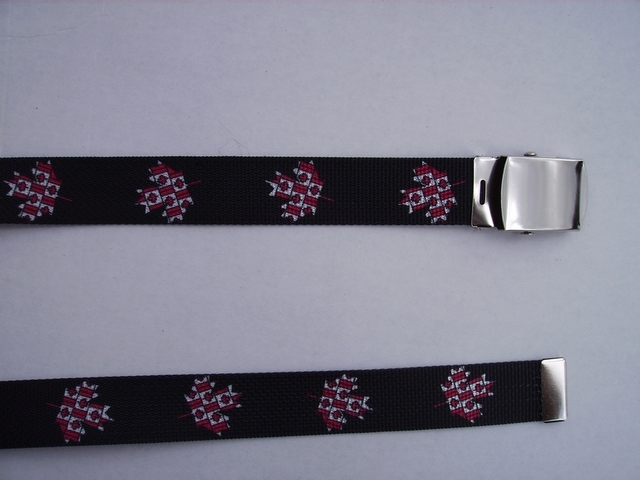 CANADIAN MAPLE LEAF - High Quality U.S. Made Cotton/Polyester Non-Stretching Material with Solid Belt Buckle. These will fit all size waists from 8" up to 48" by un-clamping Buckle and cutting off extra material on non-metal end. Then just re-clamp Material. BELT-UA220N48CN#2