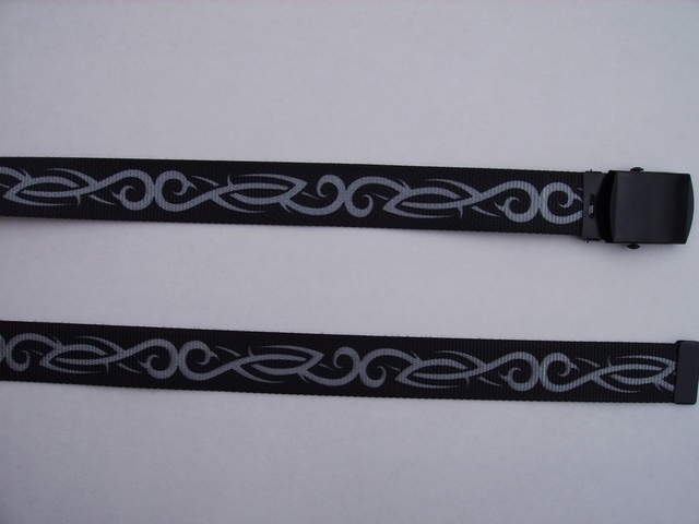 TRIBAL SILVER&BLACK - High Quality U.S. Made Cotton/Polyester Non-Stretching Material with Solid Belt Buckle. These will fit all size waists from 8" up to 48" by un-clamping Buckle and cutting off extra material on non-metal end. Then just re-clamp Material. BELT-UB220N48TRIB