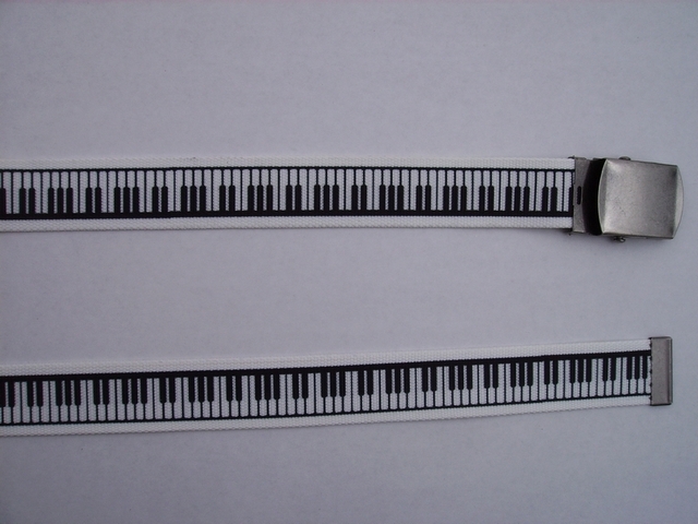PIANO BLACK KEYS ON WHITE BACKGROUND - High Quality U.S. Made Cotton/Polyester Non-Stretching Material with Solid Belt Buckle. These will fit all size waists from 8" up to 48" by un-clamping Buckle and cutting off extra material on non-metal end. Then just re-clamp Material. BELT-UA220N48PIBK