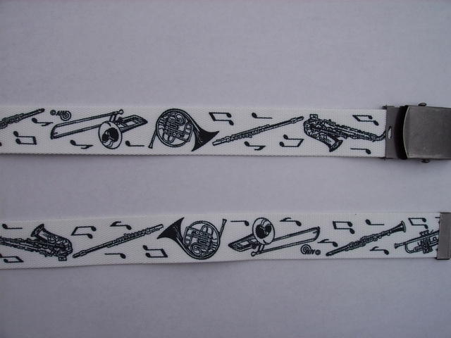BLACK MUSICAL HORNS ON WHITE - High Quality U.S. Made Cotton/Polyester Non-Stretching Material with Solid Belt Buckle. These Belts Are Sold by Us Wholesale in Large Quantities, to Name Brand Stores and They Resell Them at Premium Prices. These will fit it will fit All Size Waists from 8" up to 48" by Un-Clamping Buckle and Cutting Off Extra Material on Non-Metal End. Then Just Re-Clamp Material. BELT-UB220N48HORN