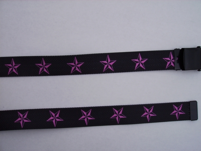 PINK STARS ON BLACK -  High Quality U.S. Made Cotton/Polyester Non-Stretching Material with Solid Belt Buckle. These will fit  all size waists from 8" up to 48"  by un-clamping Buckle and cutting off extra material on non-metal end. Then just re-clamp Material.    BELT-UB220N48NSKP
