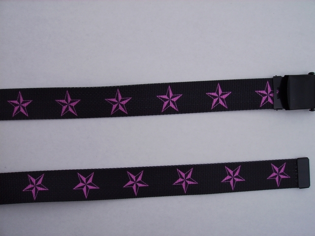 PINK STARS ON BLACK - High Quality U.S. Made Cotton/Polyester Non-Stretching Material with Solid Belt Buckle. These will fit all size waists from 8" up to 48" by un-clamping Buckle and cutting off extra material on non-metal end. Then just re-clamp Material. BELT-UB220N48NSKP