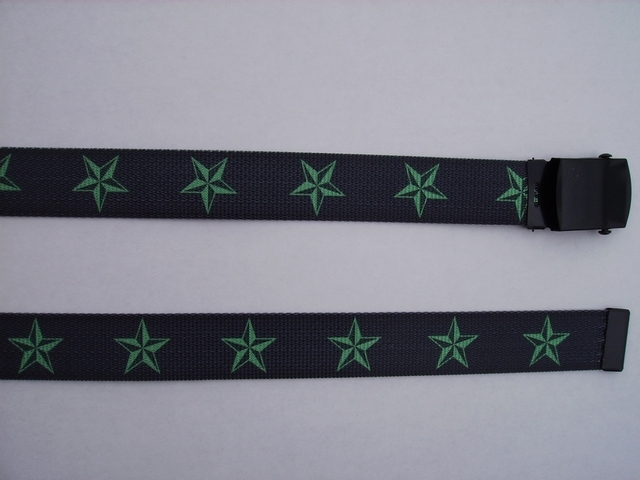 GREEN STARS ON BLACK - High Quality U.S. Made Cotton/Polyester Non-Stretching Material with Solid Belt Buckle. These will fit all size waists from 8" up to 48" by un-clamping Buckle and cutting off extra material on non-metal end. Then just re-clamp Material. BELT-UA220N48NSKG