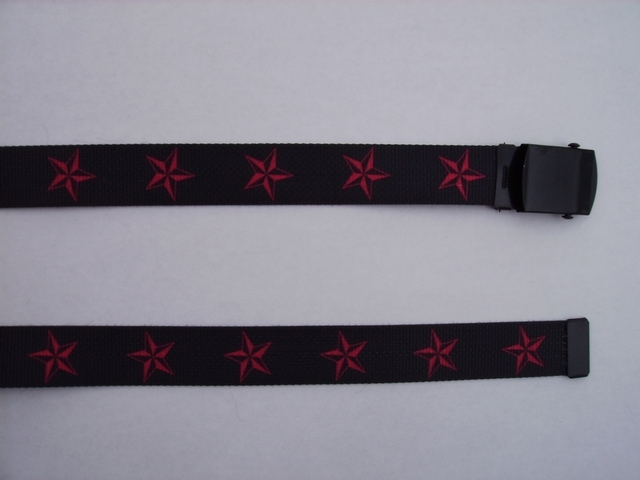 RED STARS - High Quality U.S. Made Cotton/Polyester Non-Stretching Material with Solid Belt Buckle. These will fit all size waists from 8" up to 48" by un-clamping Buckle and cutting off extra material on non-metal end. Then just re-clamp Material. BELT-UB220N48NSKR