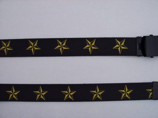 GOLD STARS ON BLACK - High Quality U.S. Made Cotton/Polyester Non-Stretching Material with Solid Belt Buckle. These will fit all size waists from 8" up to 48" by un-clamping Buckle and cutting off extra material on non-metal end. Then just re-clamp Material. BELT-UA220N48NSKY