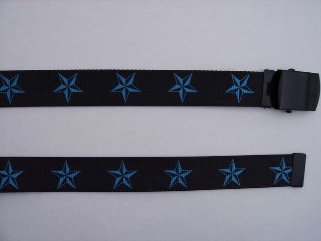 BLUE STARS ON BLACK - High Quality U.S. Made Cotton/Polyester Non-Stretching Material with Solid Belt Buckle. These will fit all size waists from 8" up to 48" by un-clamping Buckle and cutting off extra material on non-metal end. Then just re-clamp Material. BELT-UA220N48NSKO