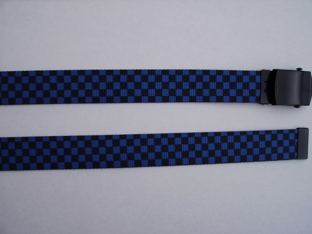 CHECKERS BLACK AND BLUE BELT - High Quality U.S. Made Cotton/Polyester Non-Stretching Material with Solid Belt Buckle. These will fit all size waists from 8" up to 48" by un-clamping Buckle and cutting off extra material on non-metal end. Then just re-clamp Material. BELT- UA220N48CKBL