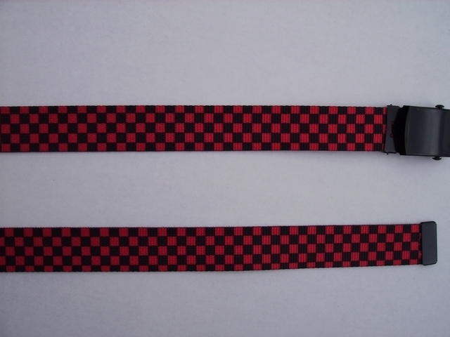 CHECKERS BLACK AND RED - High Quality U.S. Made Cotton/Polyester Non-Stretching Material with Solid Belt Buckle. These will fit all size waists from 8" up to 48" by un-clamping Buckle and cutting off extra material on non-metal end. Then just re-clamp Material. BELT-UA220N48CKRE