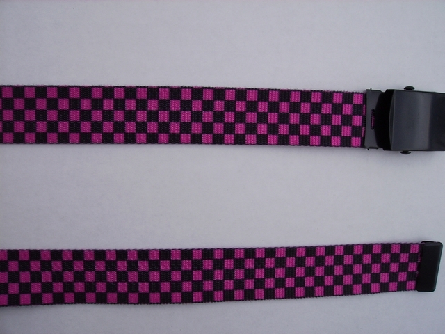 CHECKERS BLACK AND HOT PINK - High Quality U.S. Made Cotton/Polyester Non-Stretching Material with Solid Belt Buckle. These will fit all size waists from 8" up to 48" by un-clamping Buckle and cutting off extra material on non-metal end. Then just re-clamp Material. BELT-UA220N48CKHP