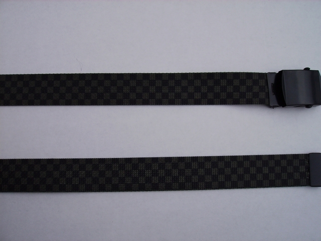 CHECKERS OLIVE AND BLACK - High Quality U.S. Made Cotton/Polyester Non-Stretching Material with Solid Belt Buckle. These will fit all size waists from 8" up to 48" by un-clamping Buckle and cutting off extra material on non-metal end. Then just re-clamp Material. BELT-UA220N48CKOD