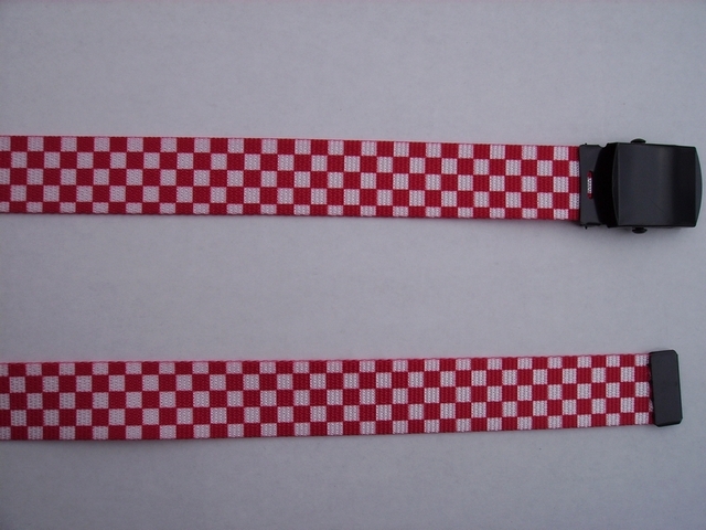 CHECKERS RED AND WHITE  BELT - High Quality U.S. Made Cotton/Polyester Non-Stretching Material with Solid Belt Buckle. These will fit  all size waists from 8" up to 48"  by un-clamping Buckle and cutting off extra material on non-metal end. Then just re-clamp Material.    BELT- UA220N48CKRW