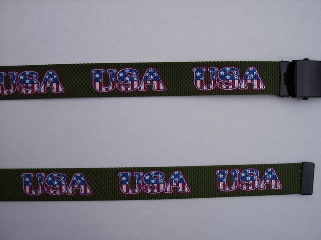 USA  49:" RED, WHITE AND BLUE ON BLACK COLOR - High Quality U.S. Made Cotton/Polyester Non-Stretching Material with Solid Belt Buckle. These will fit  all size waists from 8" up to 48"  by un-clamping Buckle and cutting off extra material on non-metal end. Then just re-clamp Material.    BELT-UA220N48USBK