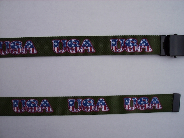 USA 49:" RED, WHITE AND BLUE ON BLACK COLOR - High Quality U.S. Made Cotton/Polyester Non-Stretching Material with Solid Belt Buckle. These will fit all size waists from 8" up to 48" by un-clamping Buckle and cutting off extra material on non-metal end. Then just re-clamp Material. BELT-UA220N48USBK