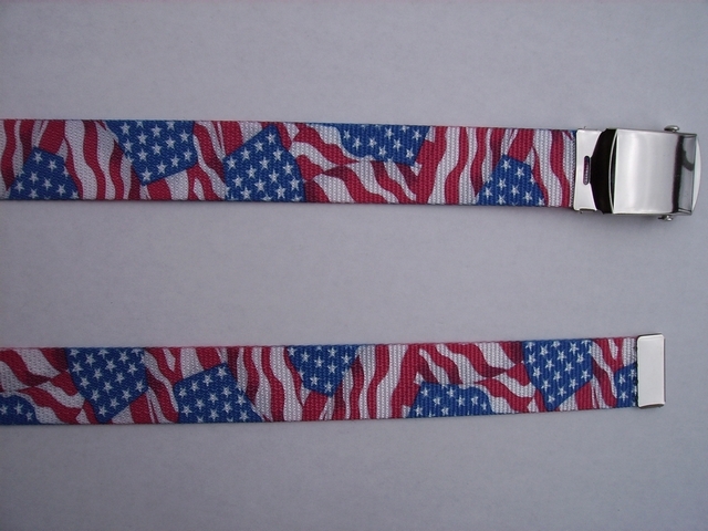 WAVING FLAG Red White and Blue - High Quality U.S. Made Cotton/Polyester Non-Stretching Material with Solid Belt Buckle. These will fit all size waists from 8" up to 48" by un-clamping Buckle and cutting off extra material on non-metal end. Then just re-clamp Material. BELT-UA220N48US#1