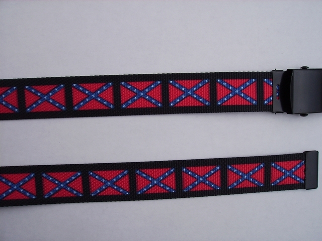CONFEDERATE FLAG - BELT- High Quality U.S. Made Cotton/Polyester Non-Stretching Material with Solid Belt Buckle. These will fit all size waists from 8" up to 48" by un-clamping Buckle and cutting off extra material on non-metal end. Then just re-clamp Material. BELT-UA220N48CONF