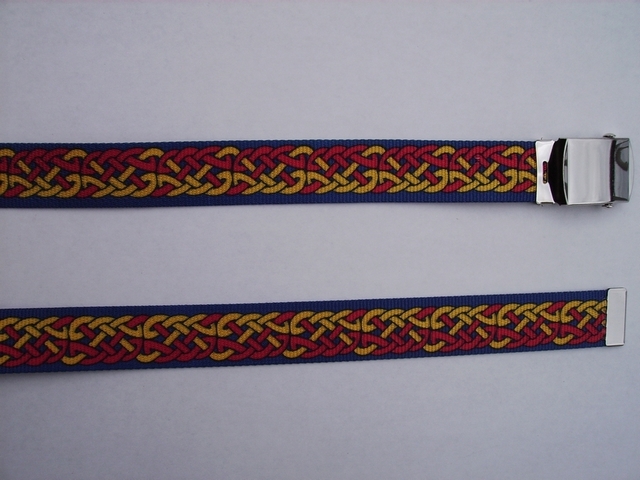 CELTIC NAVY - High Quality U.S. Made Cotton/Polyester Non-Stretching Material with Solid Belt Buckle. These will fit all size waists from 8" up to 48" by un-clamping Buckle and cutting off extra material on non-metal end. Then just re-clamp Material. BELT-UA220N48CENA