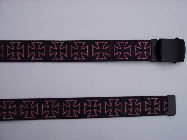 MALTESE DESIGN PINK ON BLACK - High Quality U.S. Made Cotton/Polyester Non-Stretching Material with Solid Belt Buckle. These will fit all size waists from 8" up to 48" by un-clamping Buckle and cutting off extra material on non-metal end. Then just re-clamp Material. BELT-UB220N48MALT