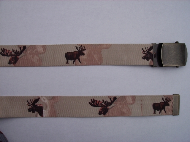 MOOSE - High Quality U.S. Made Cotton/Polyester Non-Stretching Material with Solid Belt Buckle. These will fit all size waists from 8" up to 48" by un-clamping Buckle and cutting off extra material on non-metal end. Then just re-clamp Material. BELT-UA220N48MSKH