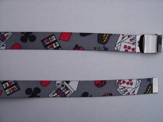 CASINO - High Quality U.S. Made Cotton/Polyester Non-Stretching Material with Solid Belt Buckle. These will fit all size waists from 8" up to 48" by un-clamping Buckle and cutting off extra material on non-metal end. Then just re-clamp Material. BELT-UA220N48CASI