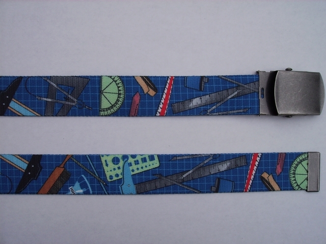 DRAFTING TOOLS BLUE - High Quality U.S. Made Cotton/Polyester Non-Stretching Material with Solid Belt Buckle. These will fit all size waists from 8" up to 48" by un-clamping Buckle and cutting off extra material on non-metal end. Then just re-clamp Material. BELT-UB220N48DTBL