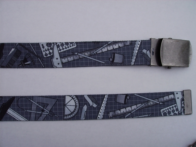 DRAFTING TOOLS ON GREY GRID - High Quality U.S. Made Cotton/Polyester Non-Stretching Material with Solid Belt Buckle. These will fit all size waists from 8" up to 48" by un-clamping Buckle and cutting off extra material on non-metal end. Then just re-clamp Material. BELT-UB220N48DTGG
