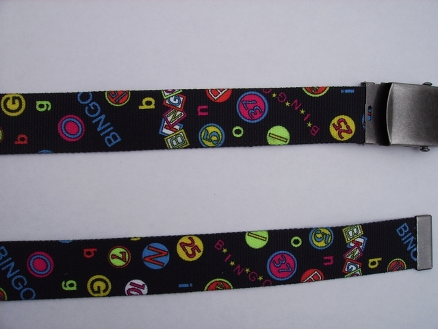 BINGO BELT - High Quality U.S. Made Cotton/Polyester Non-Stretching Material with Solid Belt Buckle. These will fit all size waists from 8" up to 48" by un-clamping Buckle and cutting off extra material on non-metal end. Then just re-clamp Material. UA220N48BING