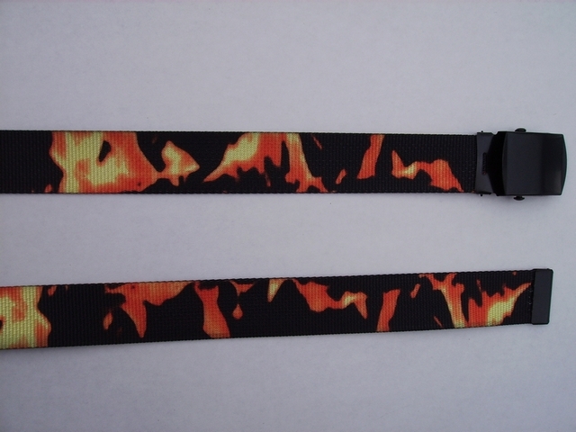 SMOKE AND RED FLAMES - High Quality U.S. Made Cotton/Polyester Non-Stretching Material with Solid Belt Buckle. These will fit all size waists from 8" up to 48" by un-clamping Buckle and cutting off extra material on non-metal end. Then just re-clamp Material. BELT-UA220N48SFRD